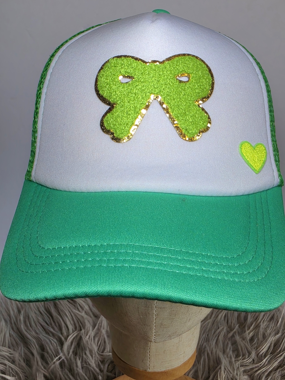 90s Inspired Womans Green & White Bow Trucker Hat With Gold Glitter And Heart